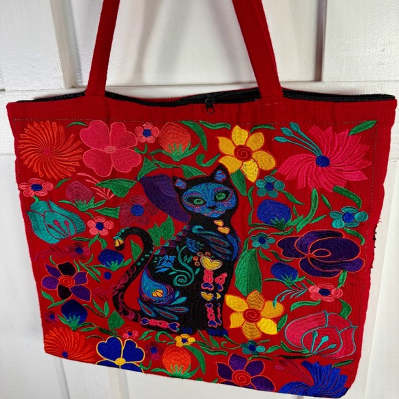 Red Embroidered Cat Floral Tote Bag Zipper Top Art Day of the Dead Inspired - Picture 2 of 14
